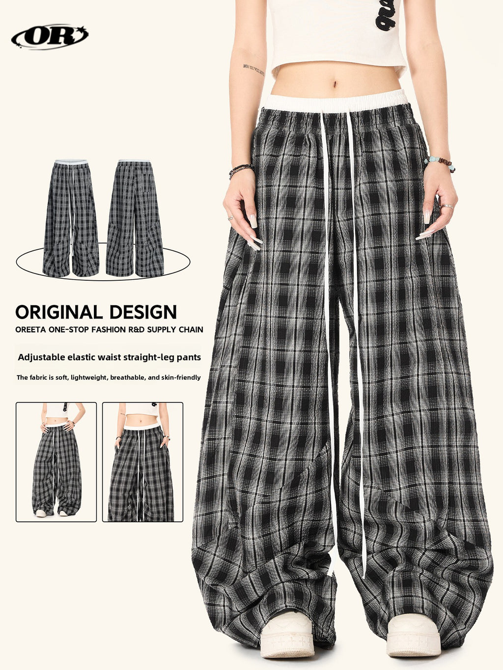 Black White Plaid High Waist Straight Leg Pants